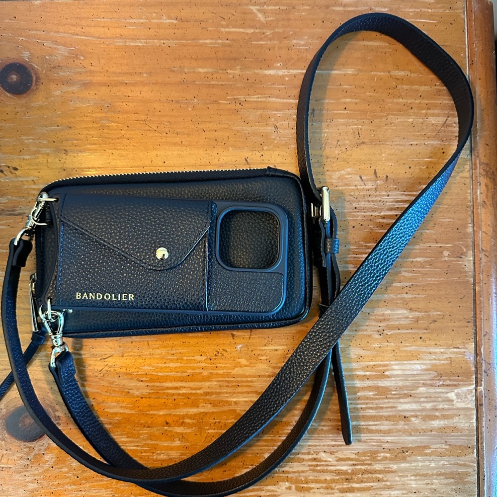 Bandolier Black iPhone 14 Pro Case and Black Pebble Bag with Gold Accents